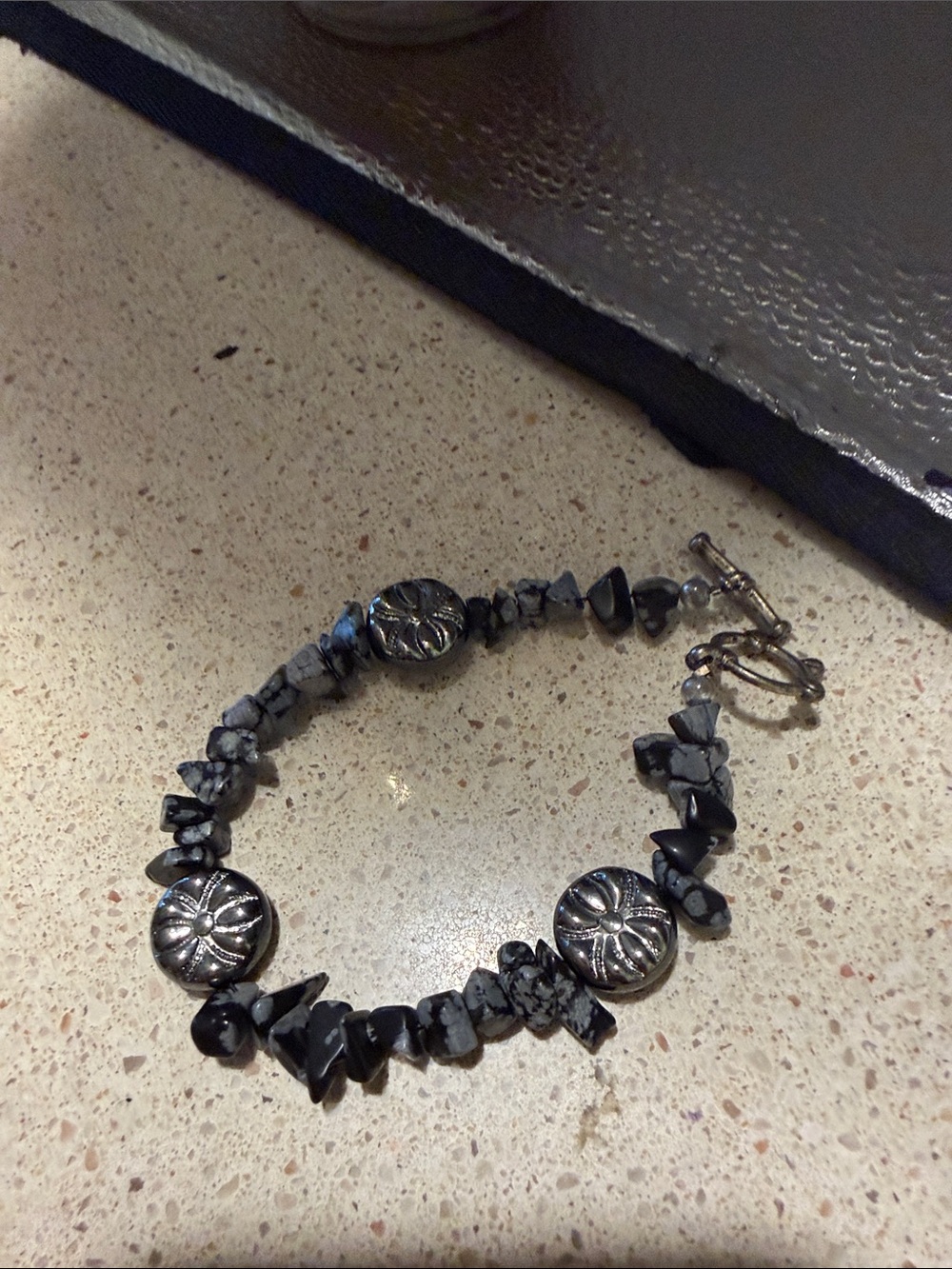 Handcrafted snowflake obsidian chip stone Bracelet with Silver Accents
